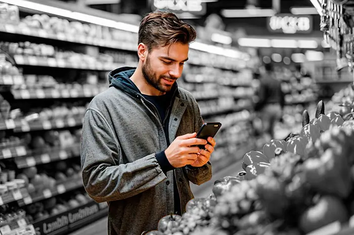 Men in supermarket using Fitsse app to see nutrition info